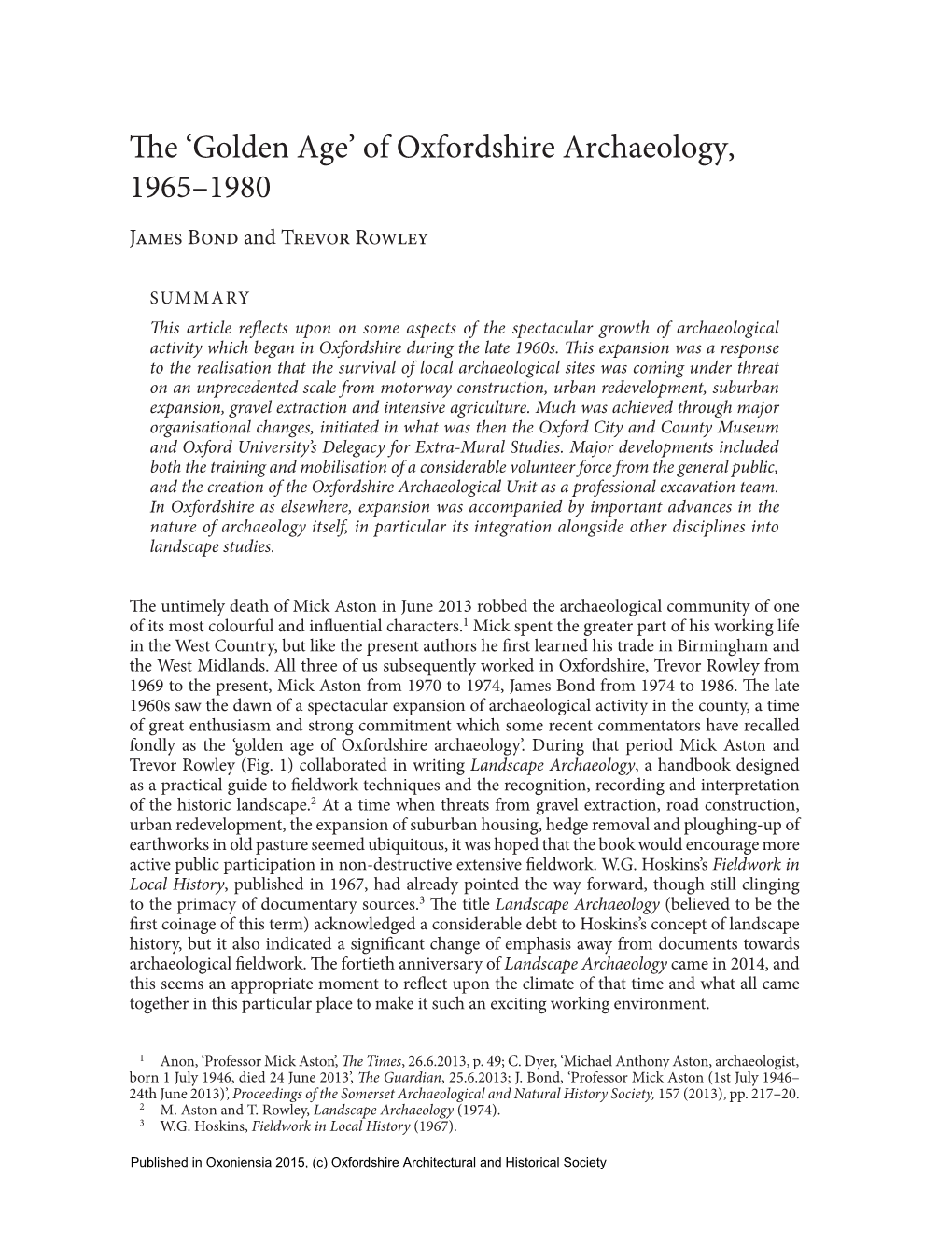 The 'Golden Age' of Oxfordshire Archaeology, 1965–1980