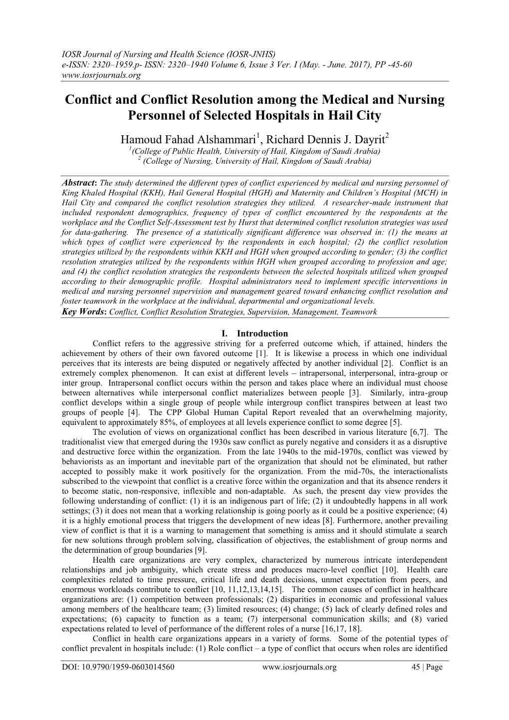 Conflict and Conflict Resolution Among the Medical and Nursing Personnel of Selected Hospitals in Hail City