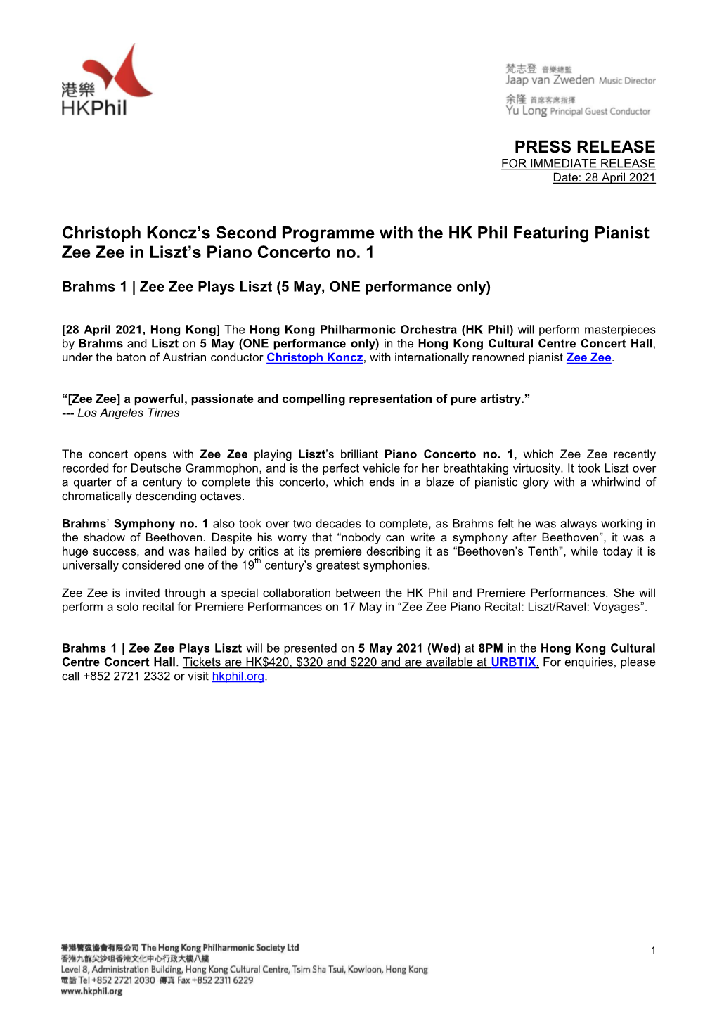 PRESS RELEASE Christoph Koncz's Second Programme with the HK