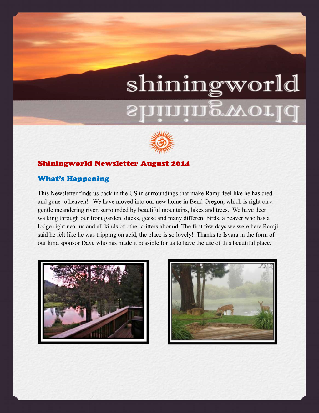 Shiningworld Newsletter August 2014 What's Happening