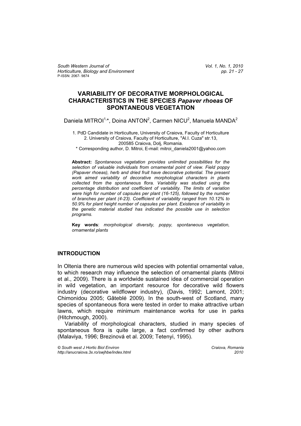 VARIABILITY of DECORATIVE MORPHOLOGICAL CHARACTERISTICS in the SPECIES Papaver Rhoeas of SPONTANEOUS VEGETATION