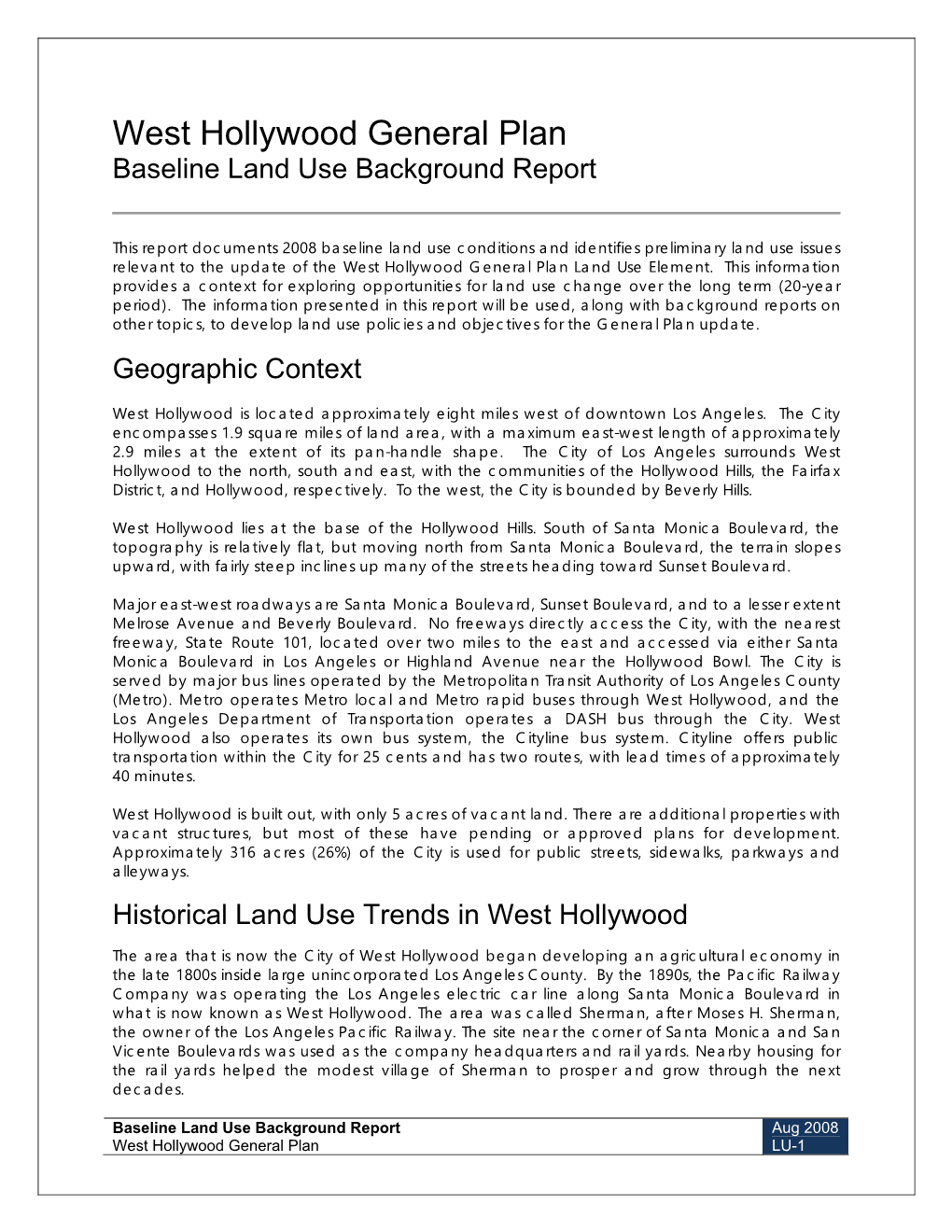 West Hollywood General Plan Baseline Land Use Background Report