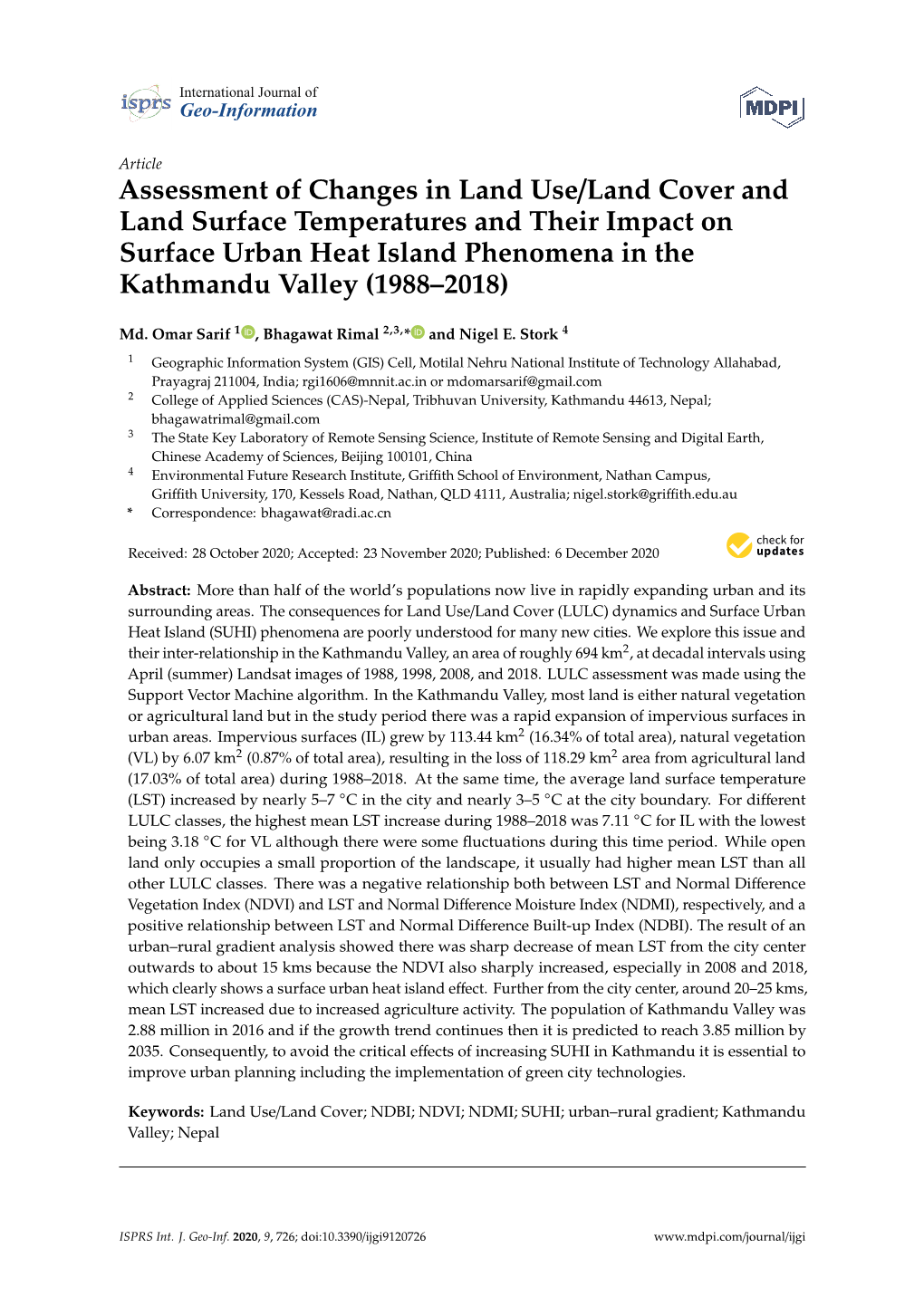 Assessment of Changes in Land Use/Land Cover and Land Surface Temperatures and Their Impact on Surface Urban Heat Island Phenomena in the Kathmandu Valley (1988–2018)