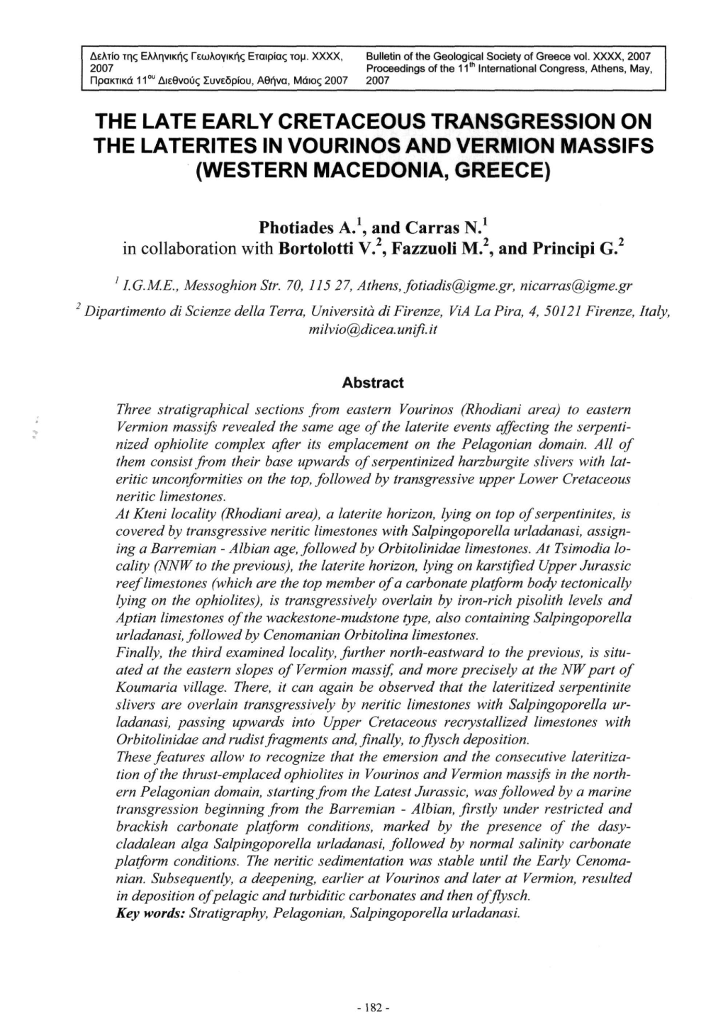 The Late Early Cretaceous Transgression on the Laterites in Vourinos and Vermion Massifs (Western Macedonia, Greece)