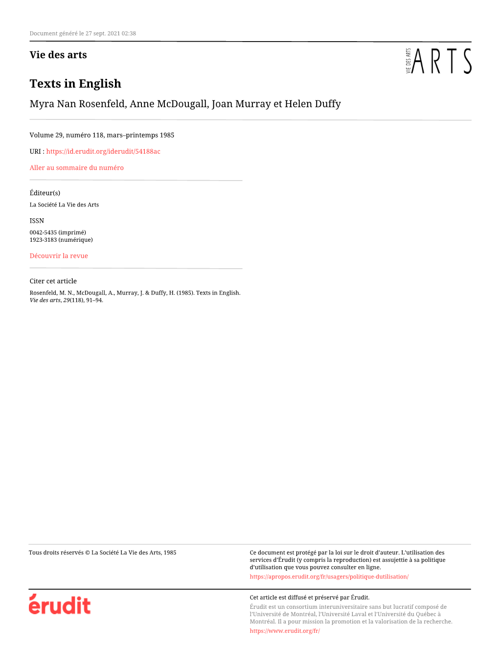 Texts in English Myra Nan Rosenfeld, Anne Mcdougall, Joan Murray Et Helen Duffy