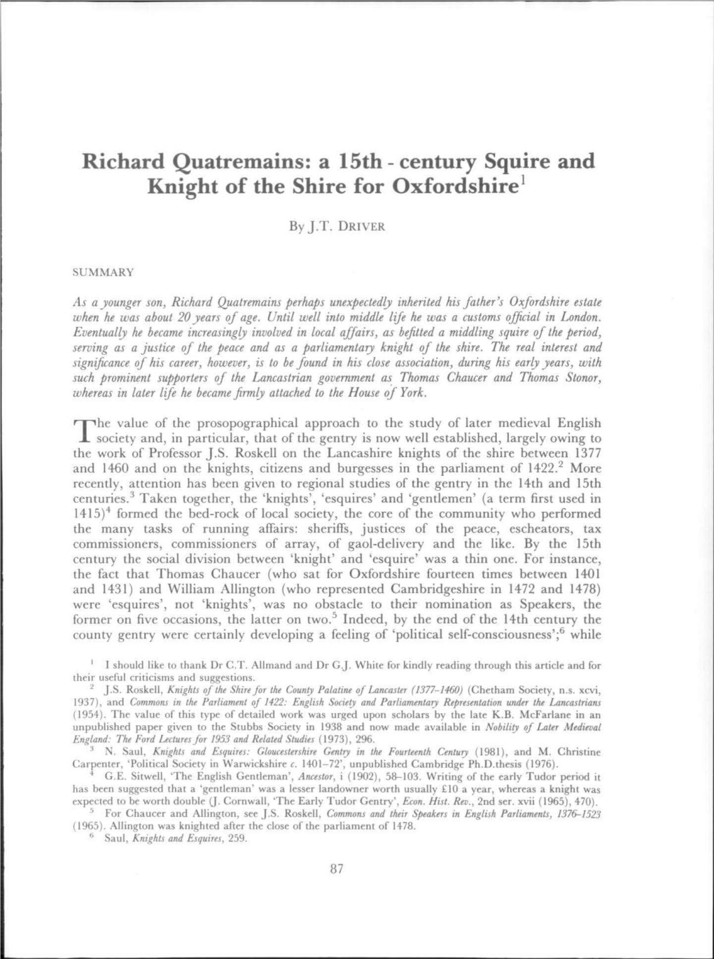 Richard Quatremains: a 15Th - Century Squire and Knight of the Shire for Oxfordshirel