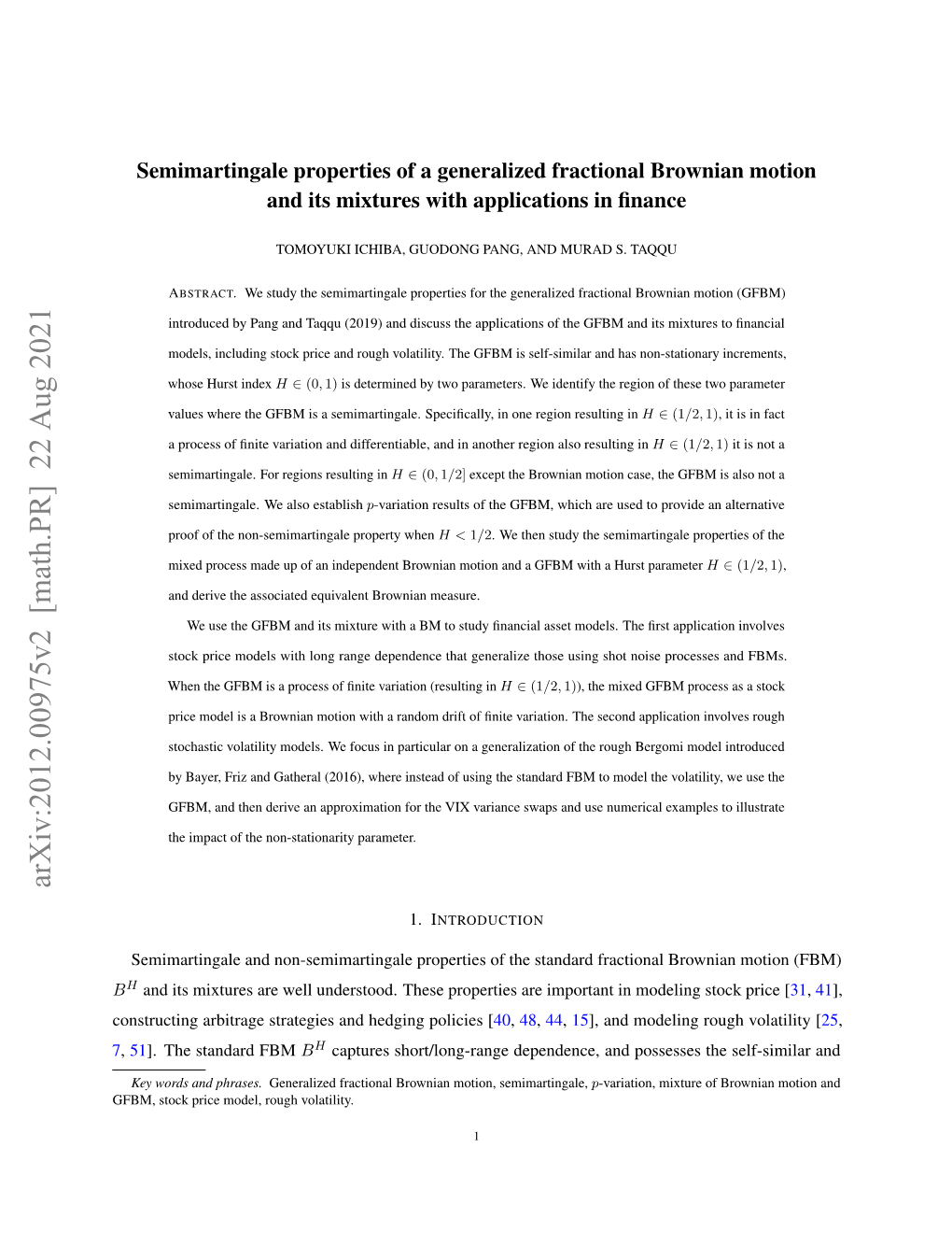 Arxiv:2012.00975V2 [Math.PR] 22 Aug 2021