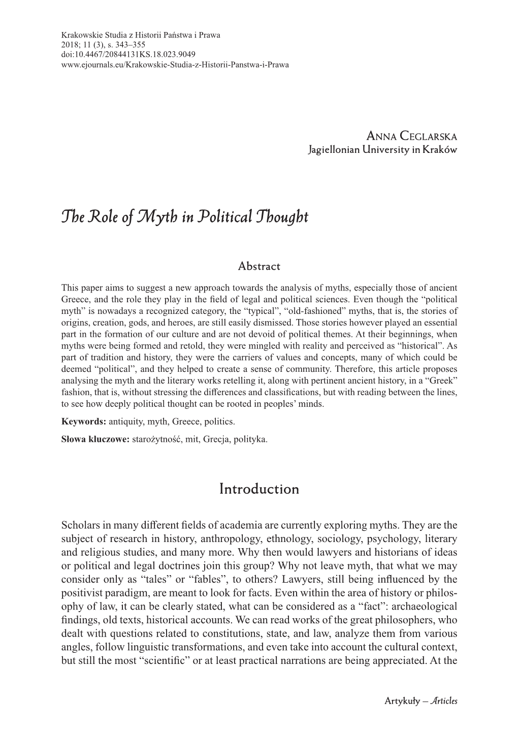 The Role of Myth in Political Thought