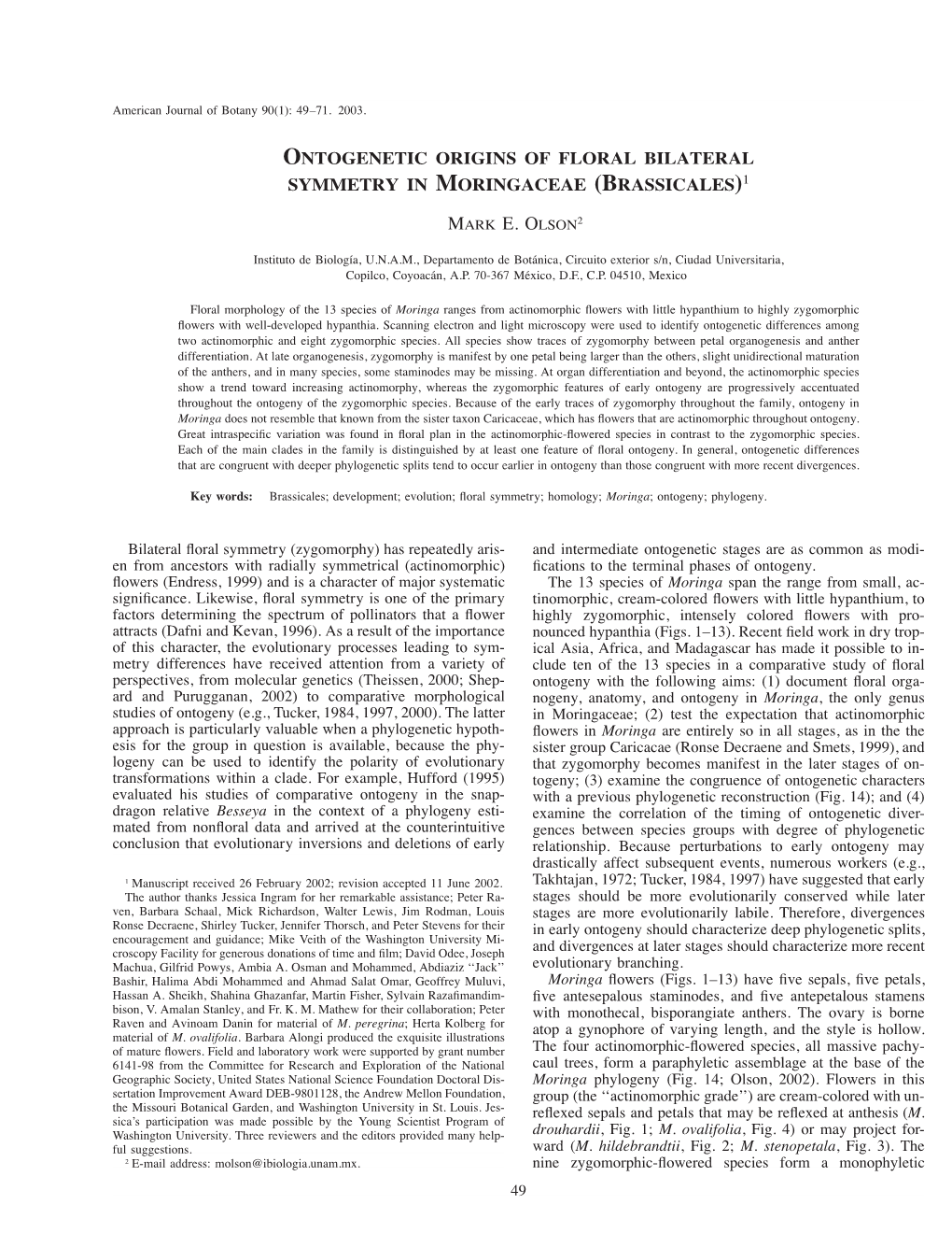 Ontogenetic Origins of Floral Bilateral Symmetry in Moringaceae (Brassicales)1