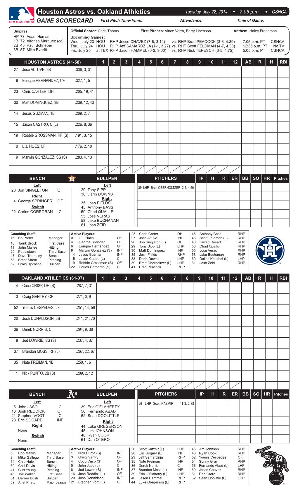 Houston Astros Vs. Oakland Athletics Tuesday, July 22, 2014 W 7:05 P.M