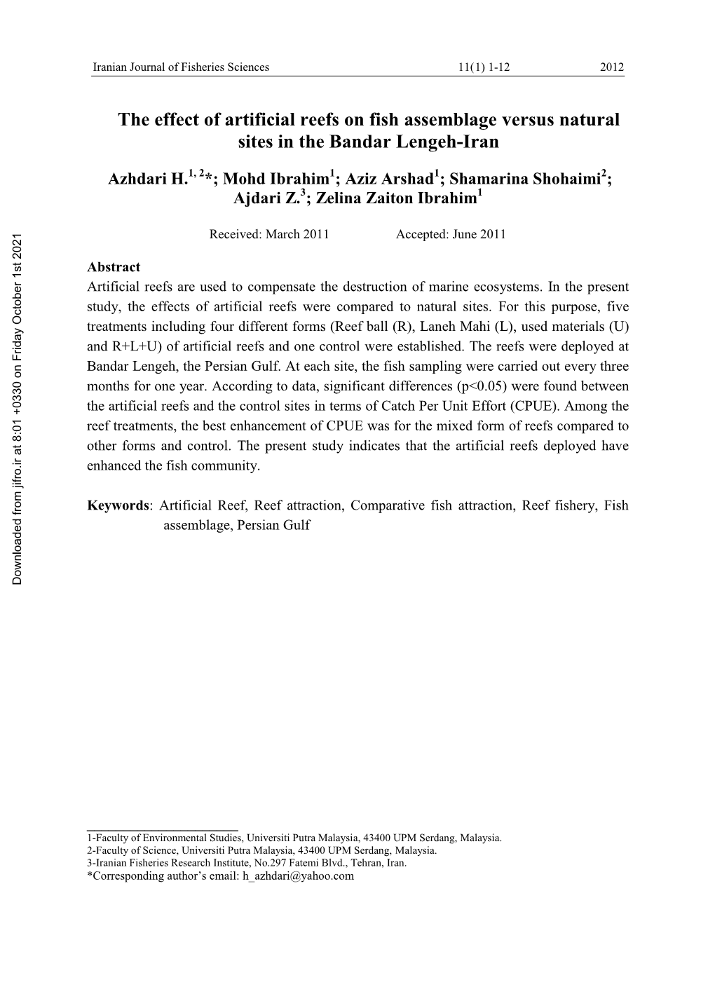 The Effect of Artificial Reefs on Fish Assemblage Versus Natural Sites in the Bandar Lengeh-Iran