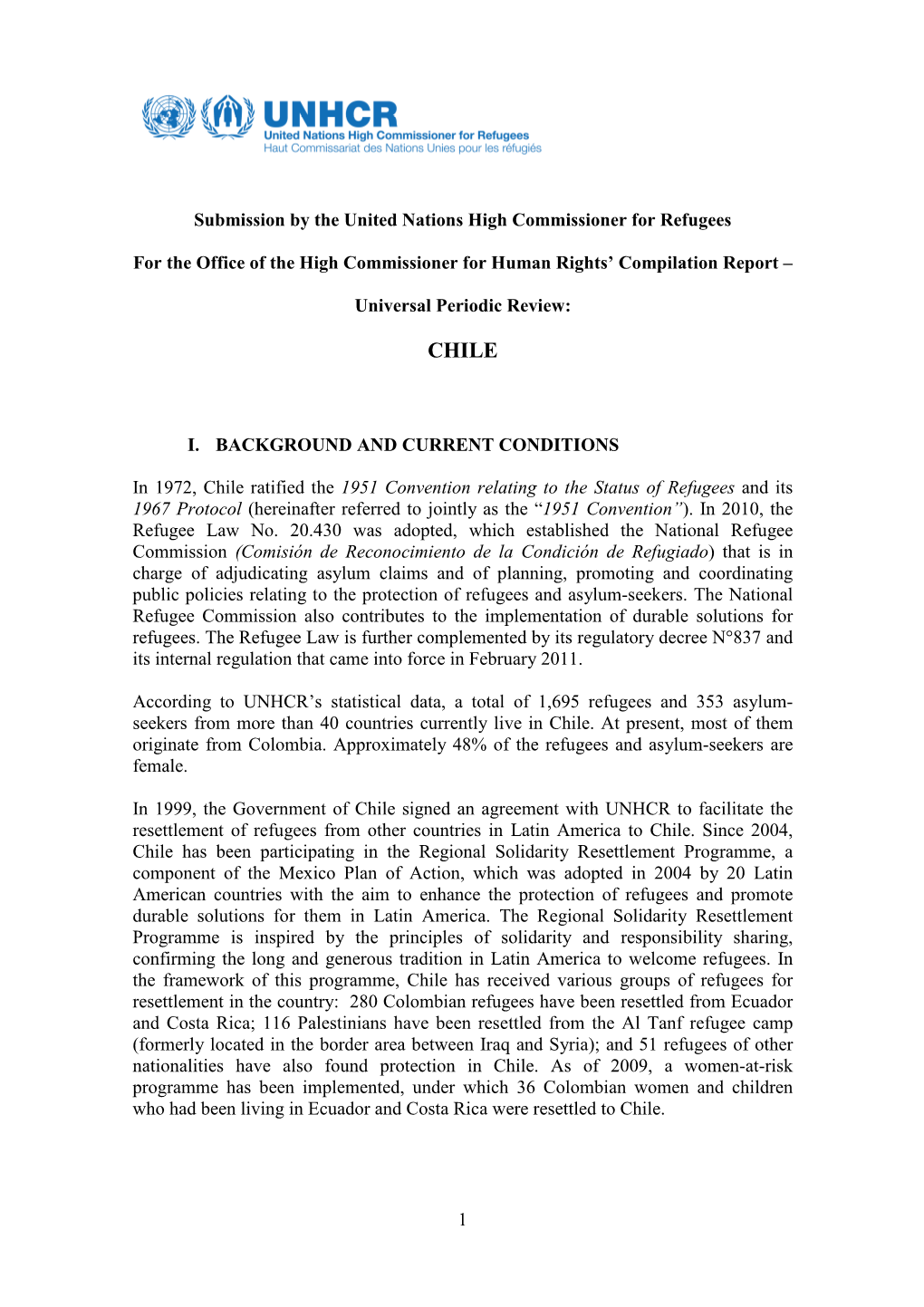 UNHCR Submission on Chile 18Th UPR Session