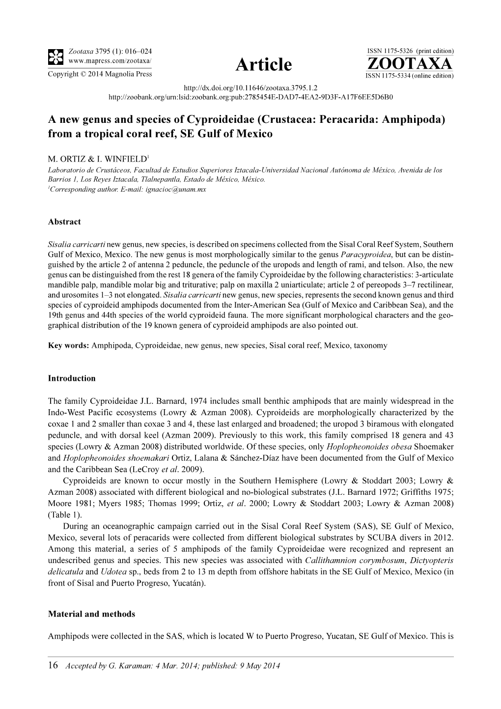 A New Genus and Species of Cyproideidae (Crustacea: Peracarida: Amphipoda) from a Tropical Coral Reef, SE Gulf of Mexico