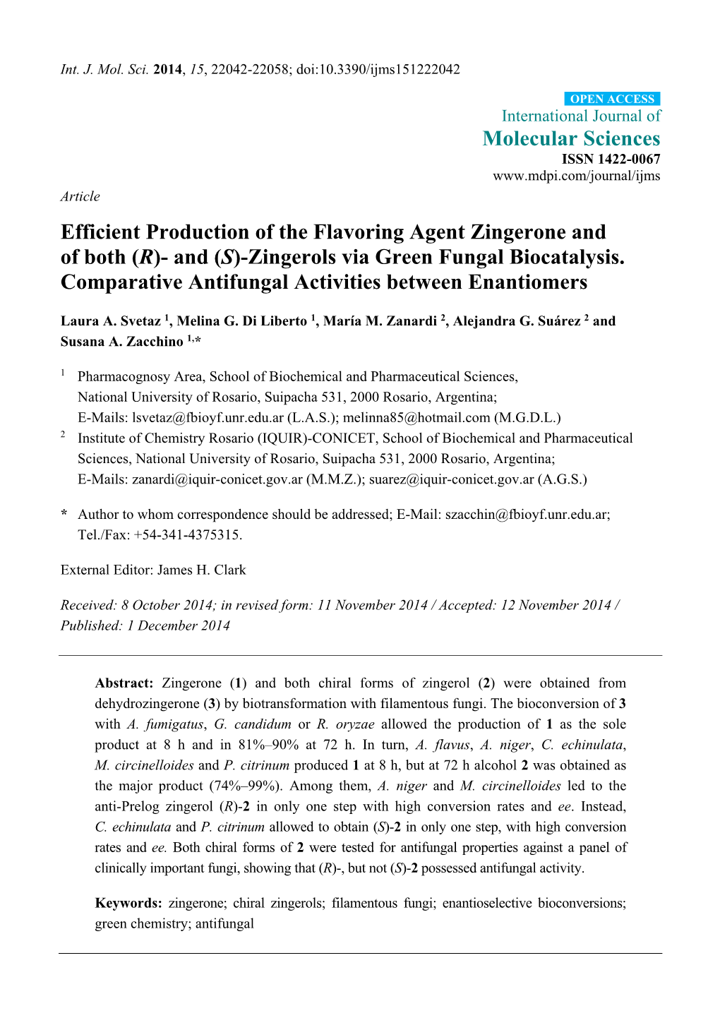 Efficient Production of the Flavoring Agent Zingerone and of Both (R)- and (S)-Zingerols Via Green Fungal Biocatalysis