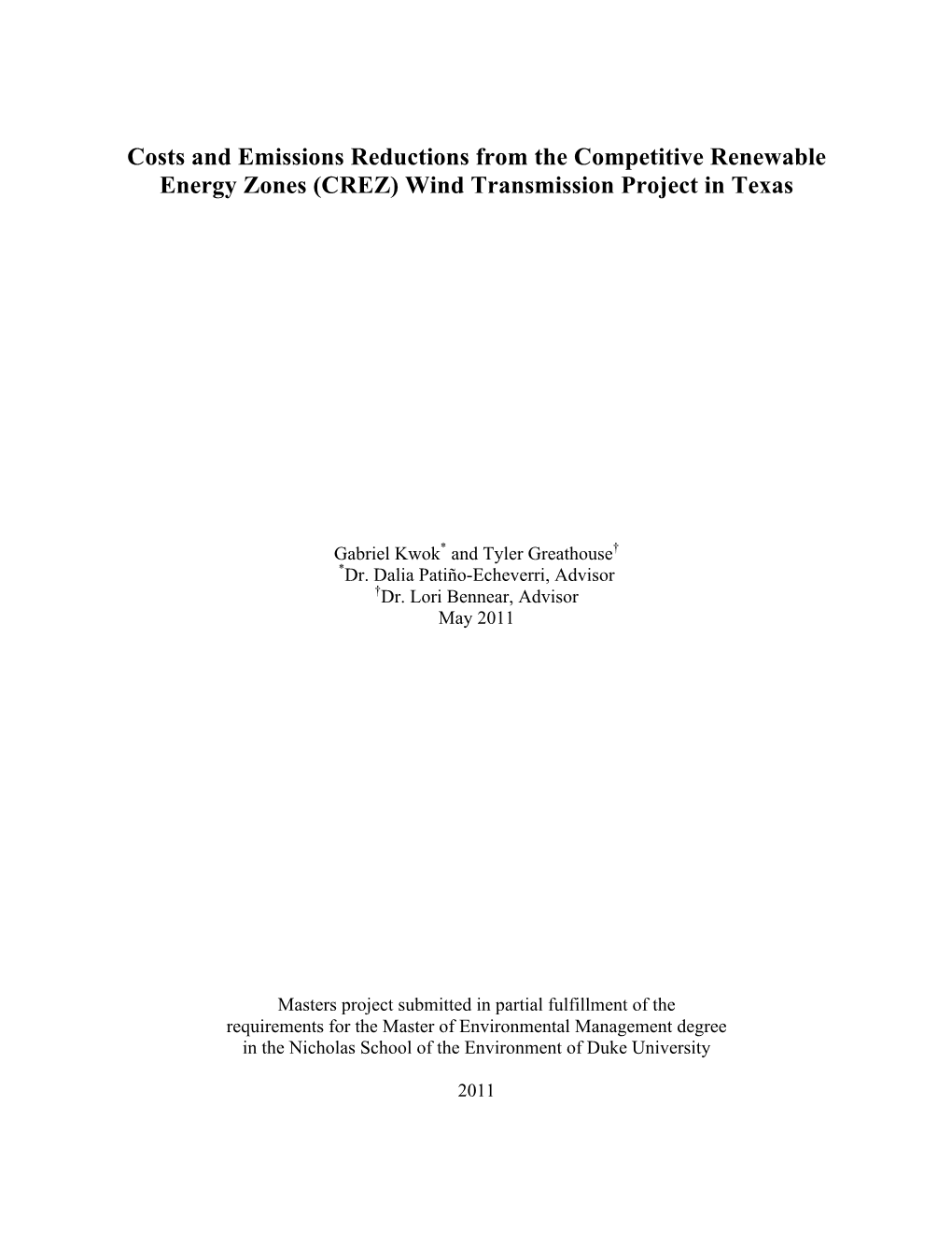 Costs and Emissions Reductions from the Competitive Renewable Energy Zones (CREZ) Wind Transmission Project in Texas