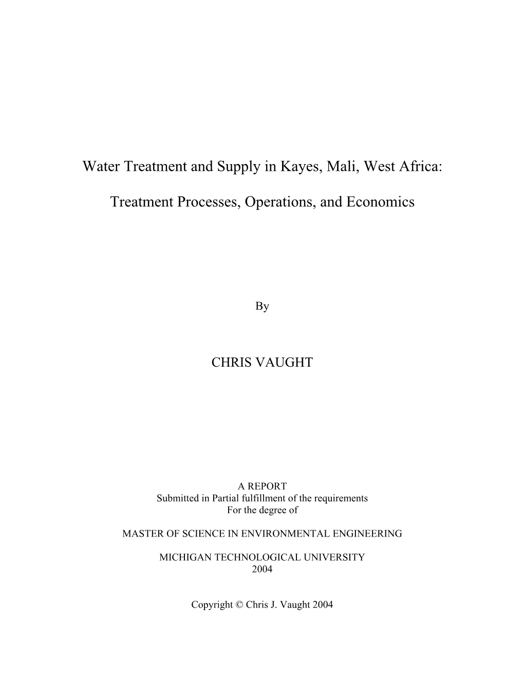 Water Treatment and Supply in Kayes, Mali, West Africa