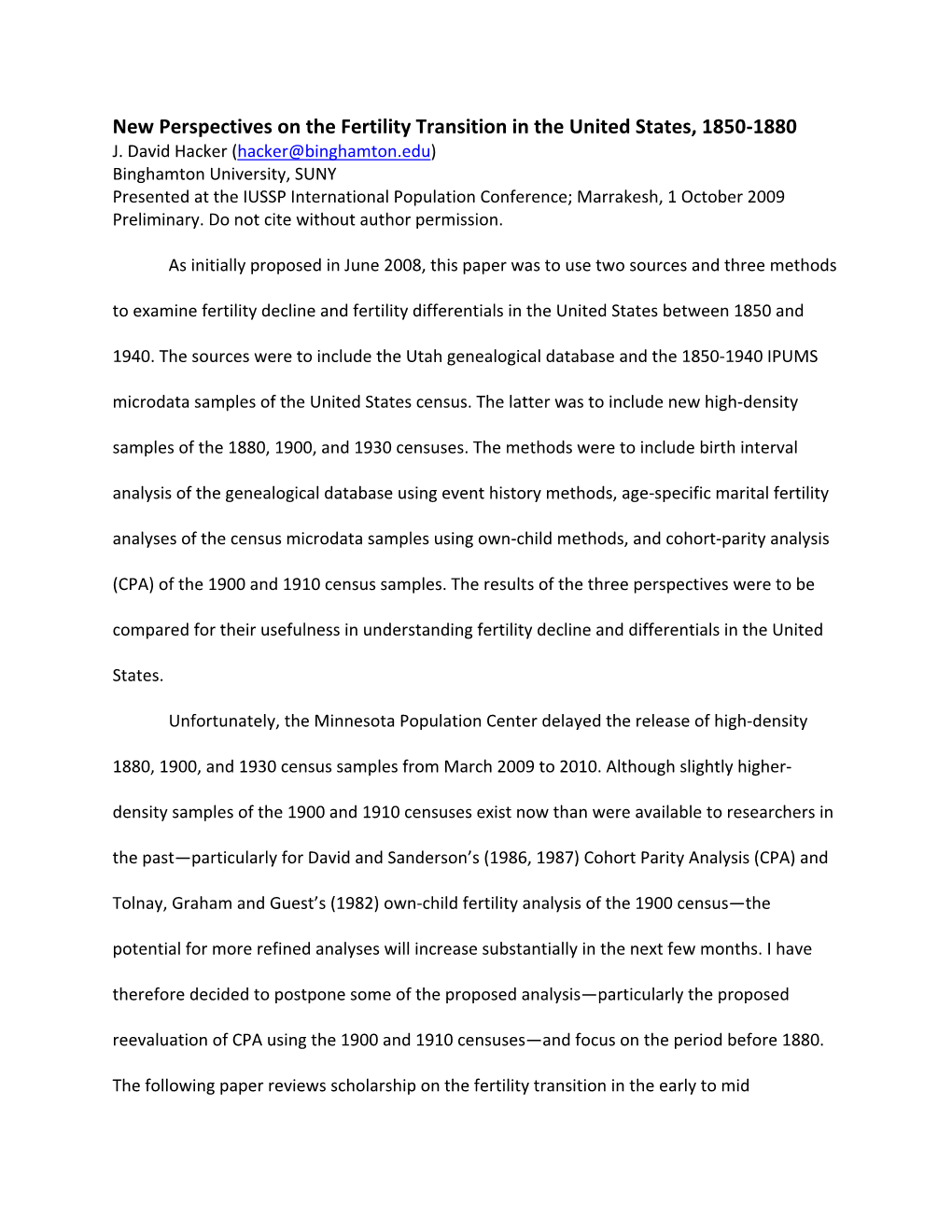 New Perspectives on the Fertility Transition in the United States, 1850-1880 J