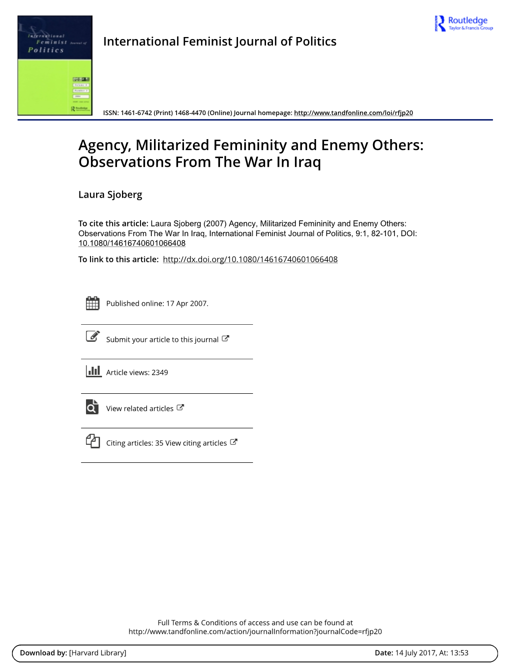 Agency, Militarized Femininity and Enemy Others: Observations from the War in Iraq