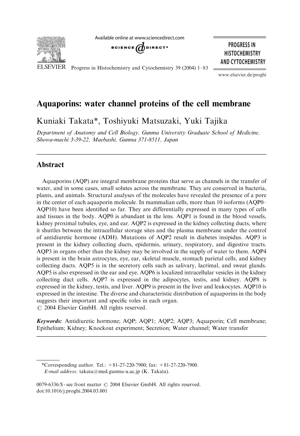 Aquaporins: Water Channel Proteins of the Cell Membrane ARTICLE in PRESS