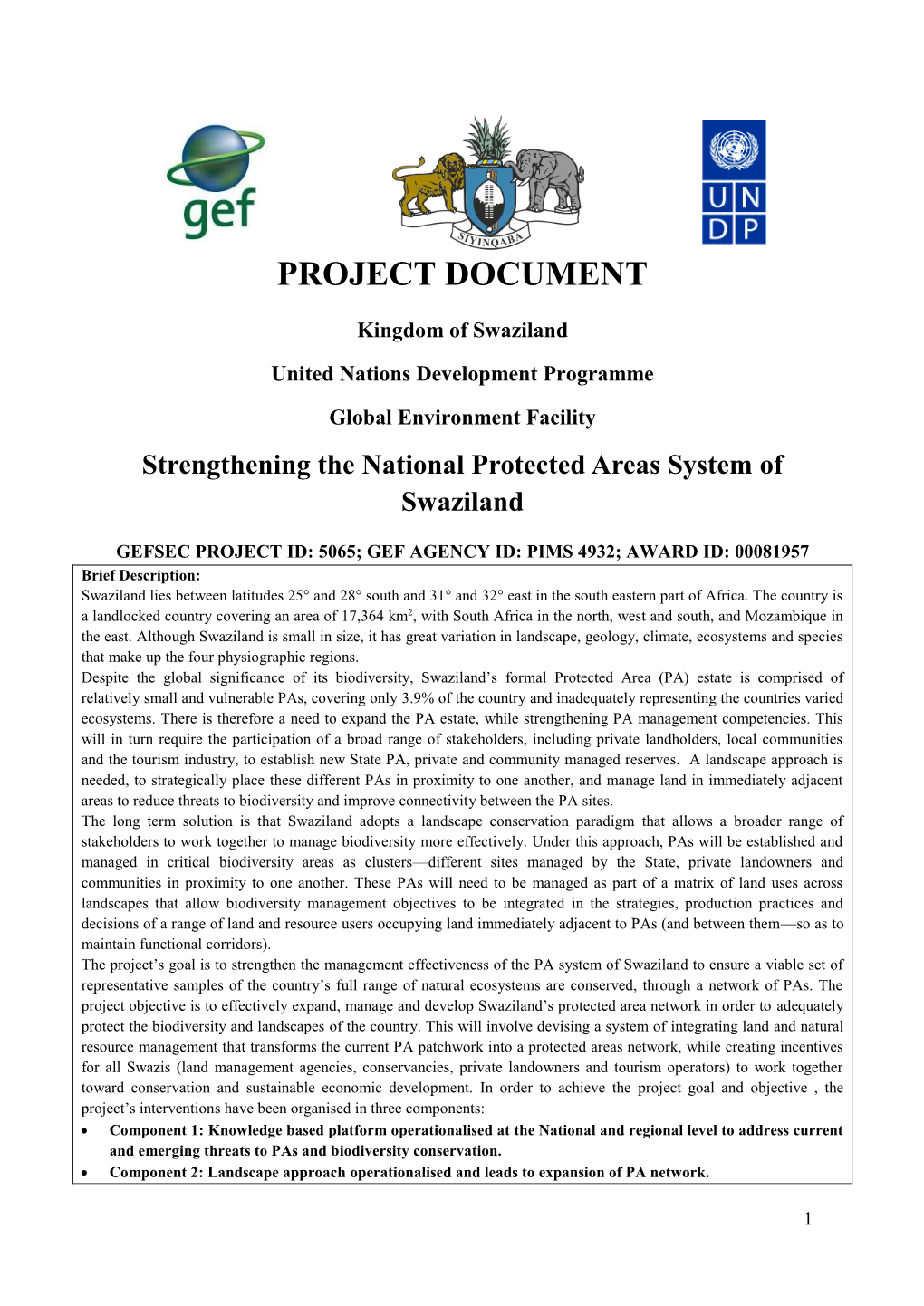 Swaziland Protected Areas PRODOC