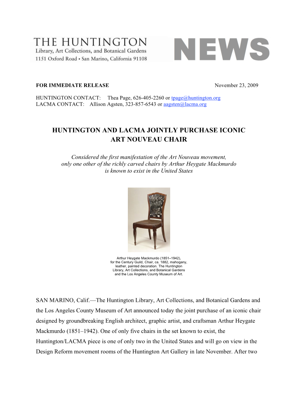 Huntington and Lacma Jointly Purchase Iconic Art Nouveau Chair