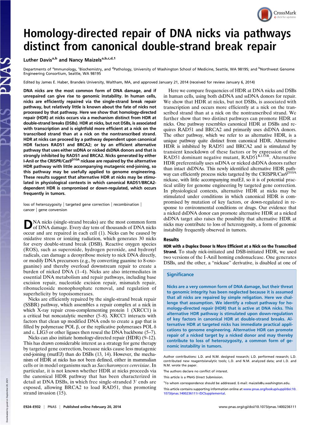 Homology-Directed Repair of DNA Nicks Via Pathways Distinct from Canonical Double-Strand Break Repair