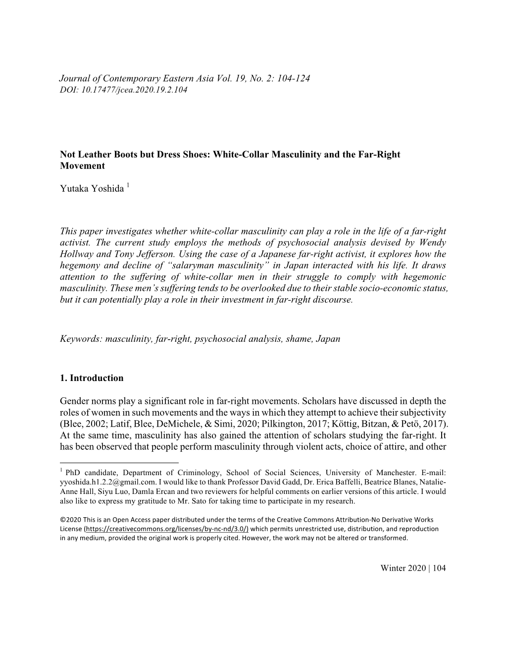 Journal of Contemporary Eastern Asia Vol. 19, No. 2: 104-124 Not Leather Boots but Dress Shoes: White-Collar Masculinity And