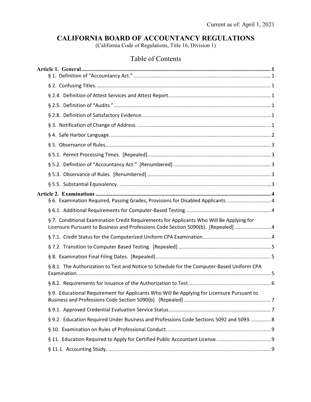 CALIFORNIA BOARD of ACCOUNTANCY REGULATIONS (California Code of Regulations, Title 16, Division 1)