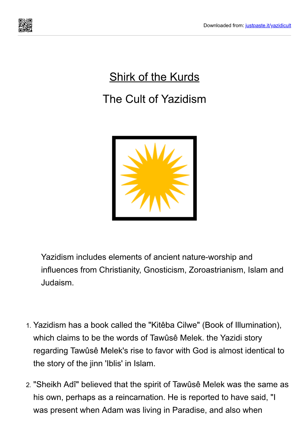 Shirk of the Kurds the Cult of Yazidism