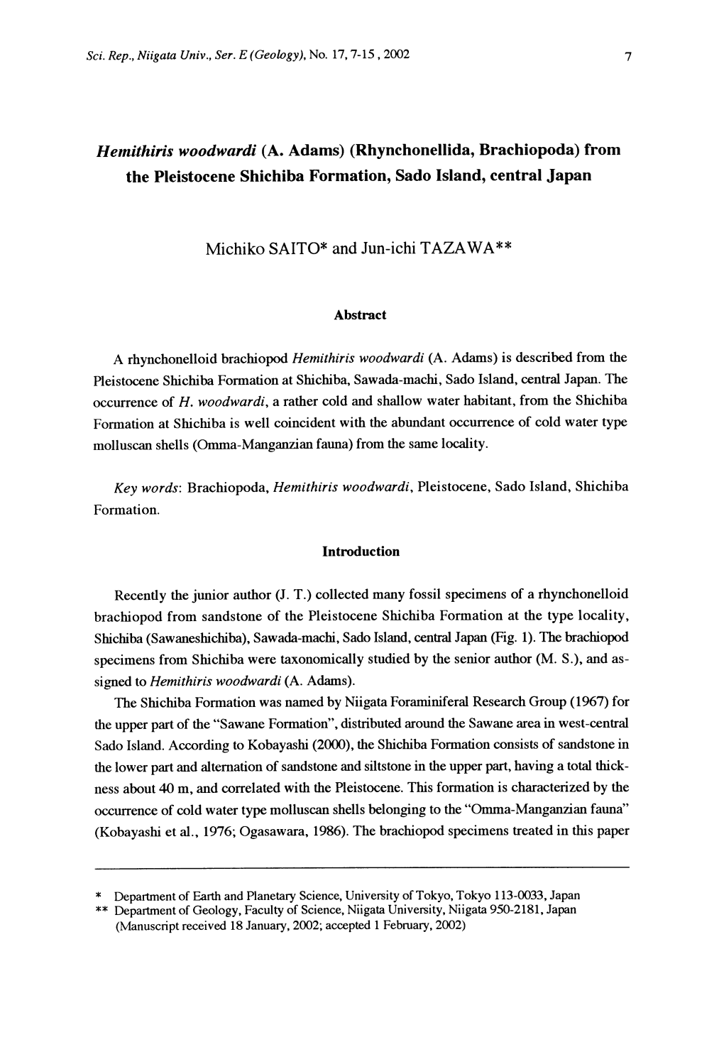 Hemithiris Woodwardi (A. Adams) (Rhynchonellida, Brachiopoda) from the Pleistocene Shichiba Formation, Sado Island, Central Japa