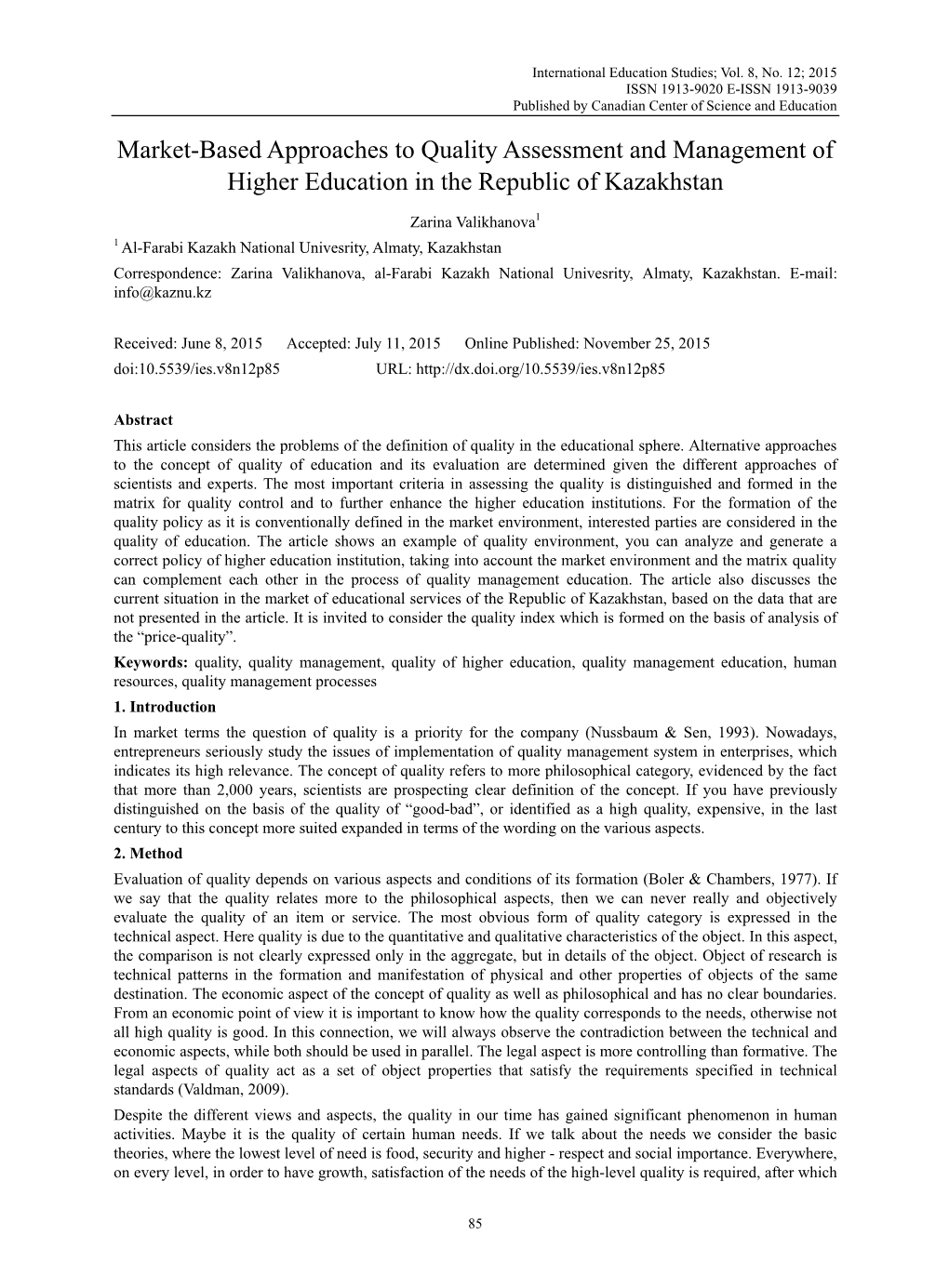 Market-Based Approaches to Quality Assessment and Management of Higher Education in the Republic of Kazakhstan