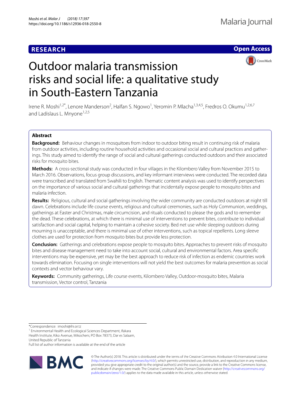 Outdoor Malaria Transmission Risks and Social Life: a Qualitative Study in South‑Eastern Tanzania Irene R