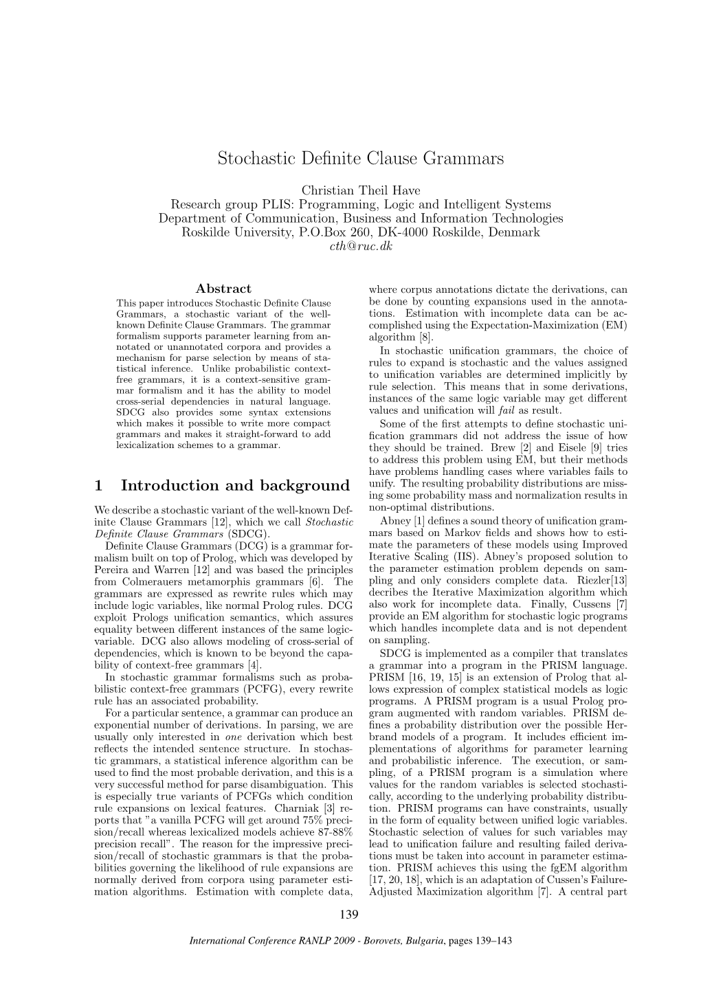 Stochastic Definite Clause Grammars