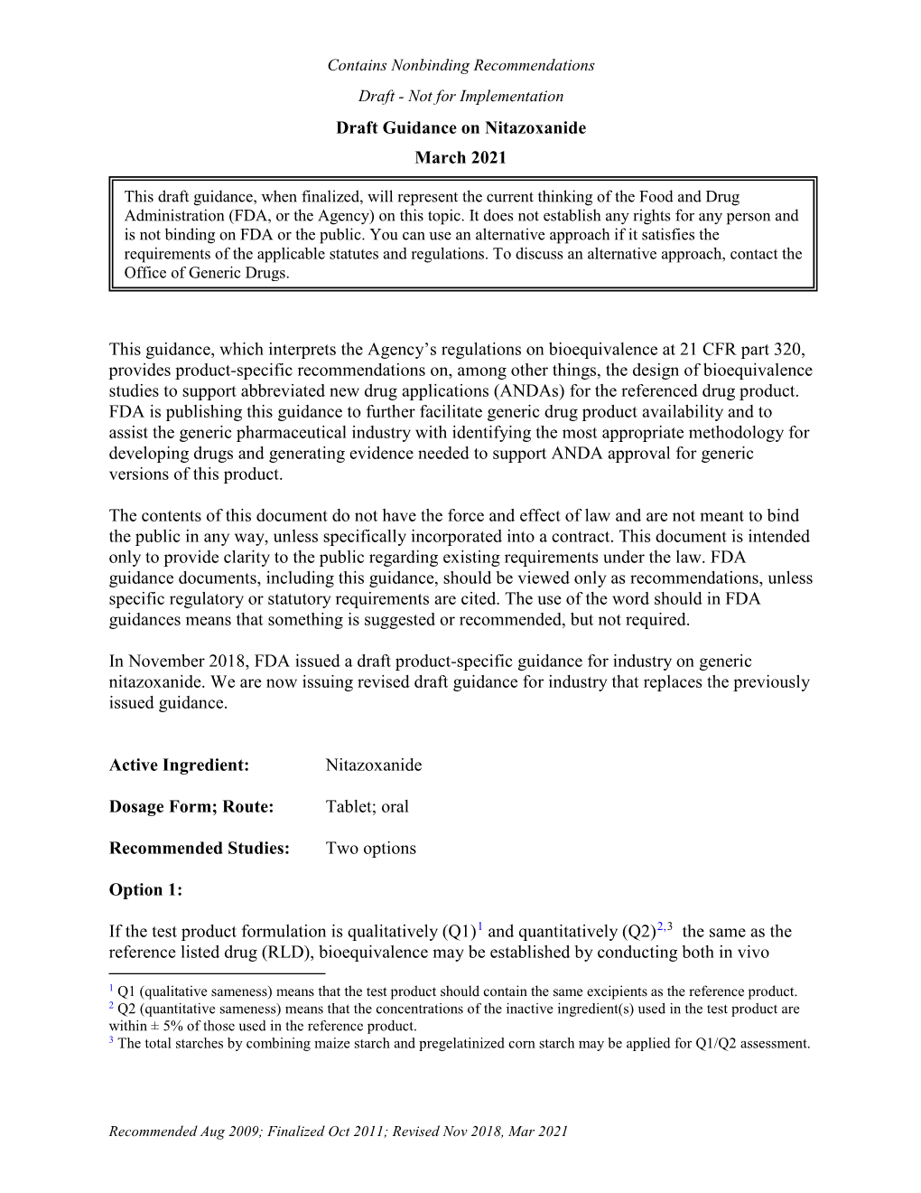 Contains Nonbinding Recommendations Draft - Not for Implementation Draft Guidance on Nitazoxanide March 2021