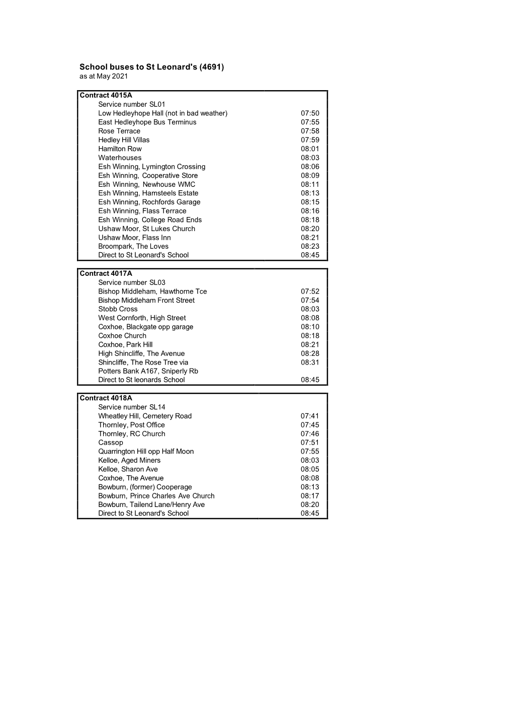 School Buses to St Leonard's (4691) As at May 2021