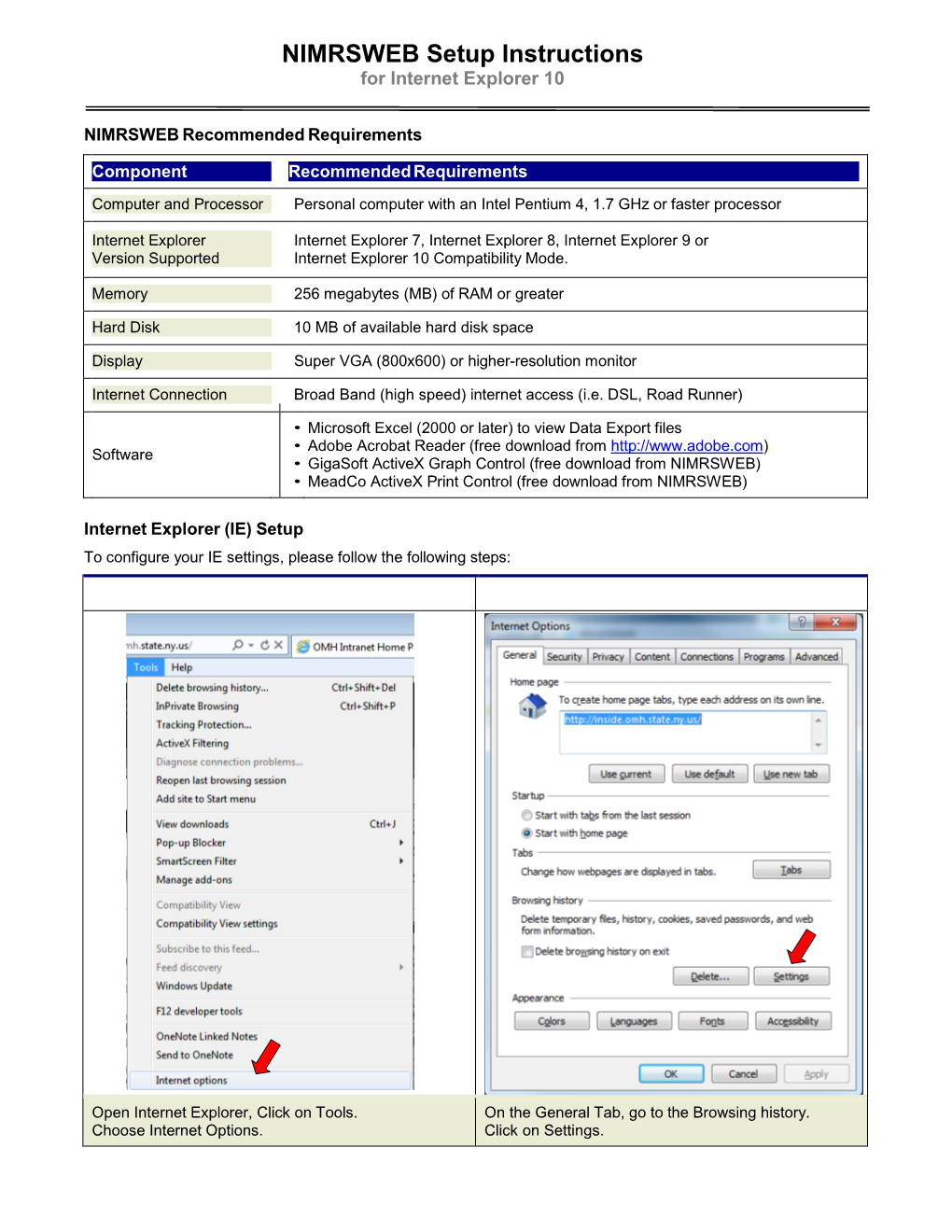 NIMRSWEB Setup Instructions for Internet Explorer 10