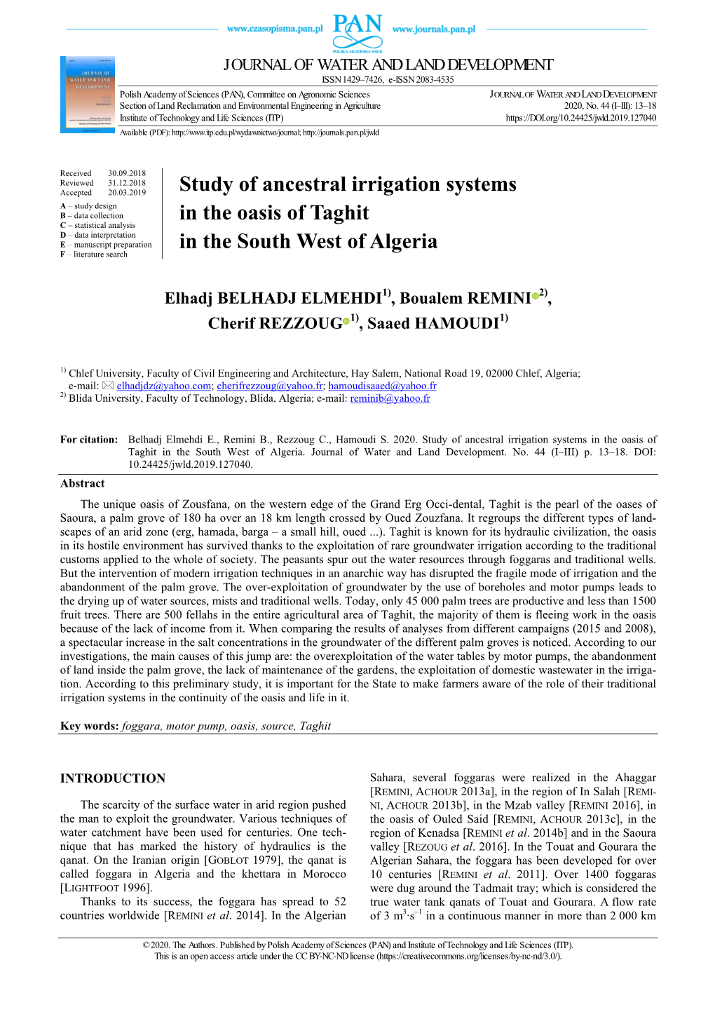 Study of Ancestral Irrigation Systems in the Oasis of Taghit in the South West of Algeria