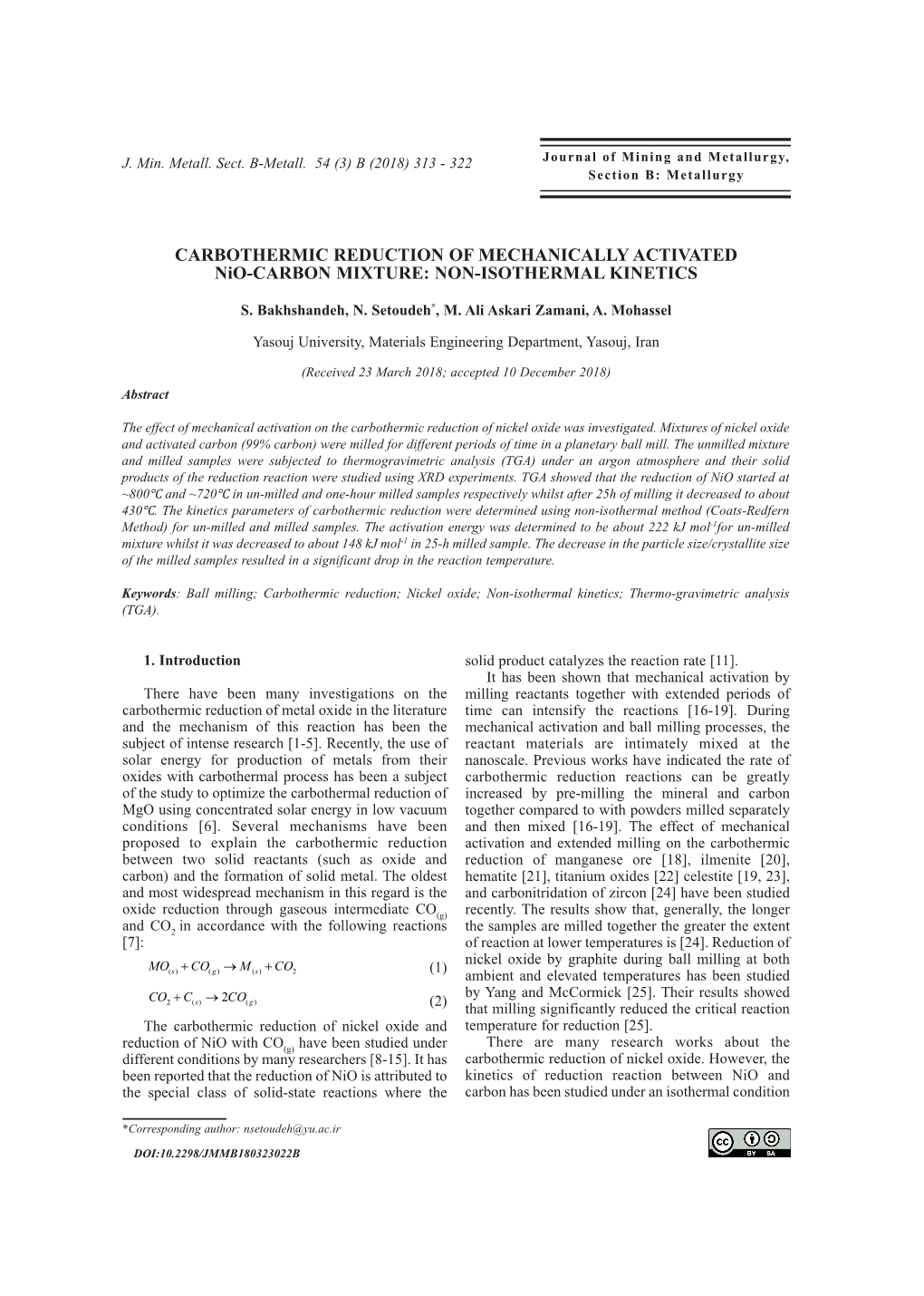 CARBOTHERMIC REDUCTION of MECHANICALLY ACTIVATED Nio-CARBON MIXTURE: NON-ISOTHERMAL KINETICS