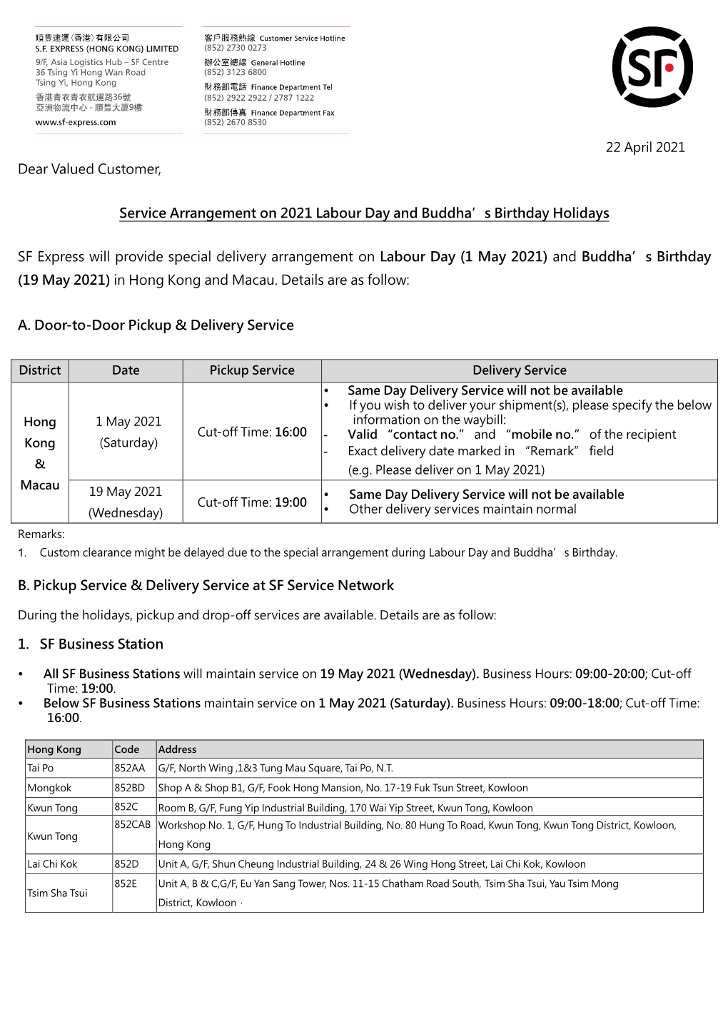 Dear Valued Customer, Service Arrangement on 2021 Labour Day