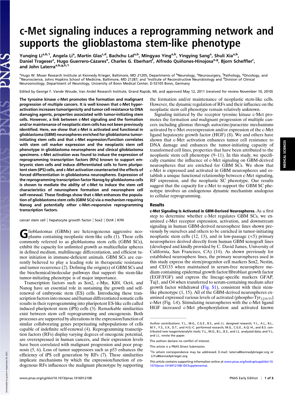 C-Met Signaling Induces a Reprogramming Network and Supports the Glioblastoma Stem-Like Phenotype