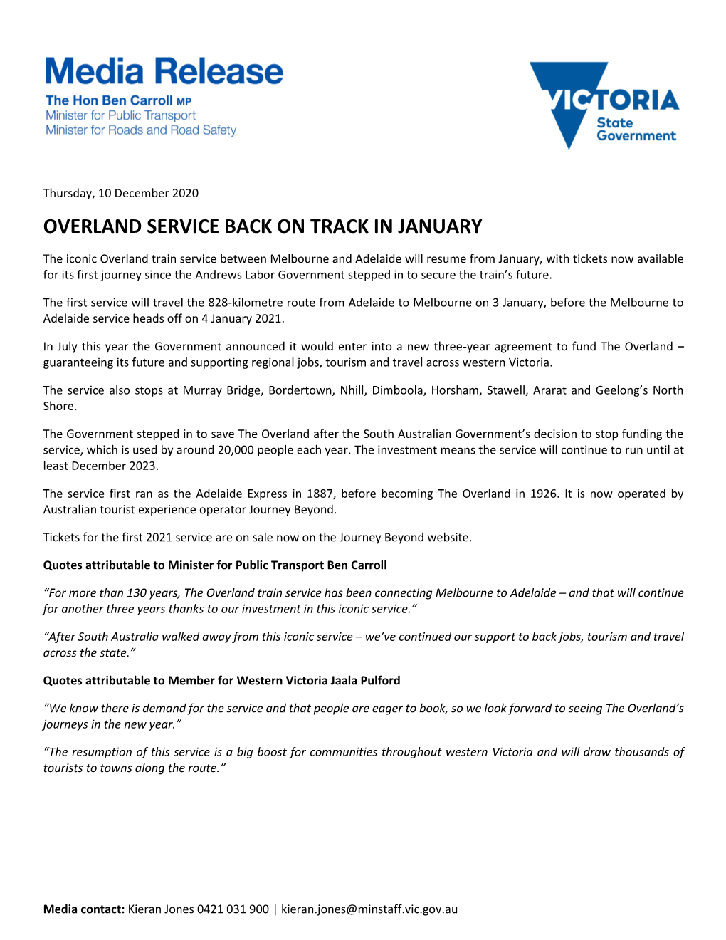 Overland Service Back on Track in January