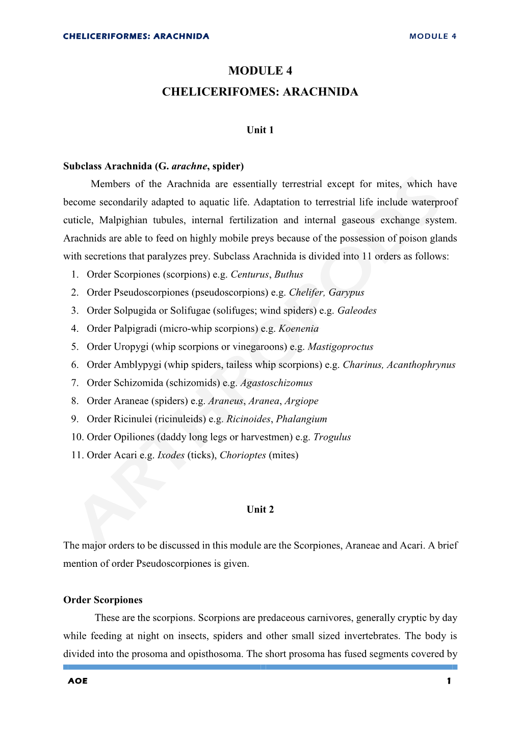 Cheliceriformes: Arachnida Module 4