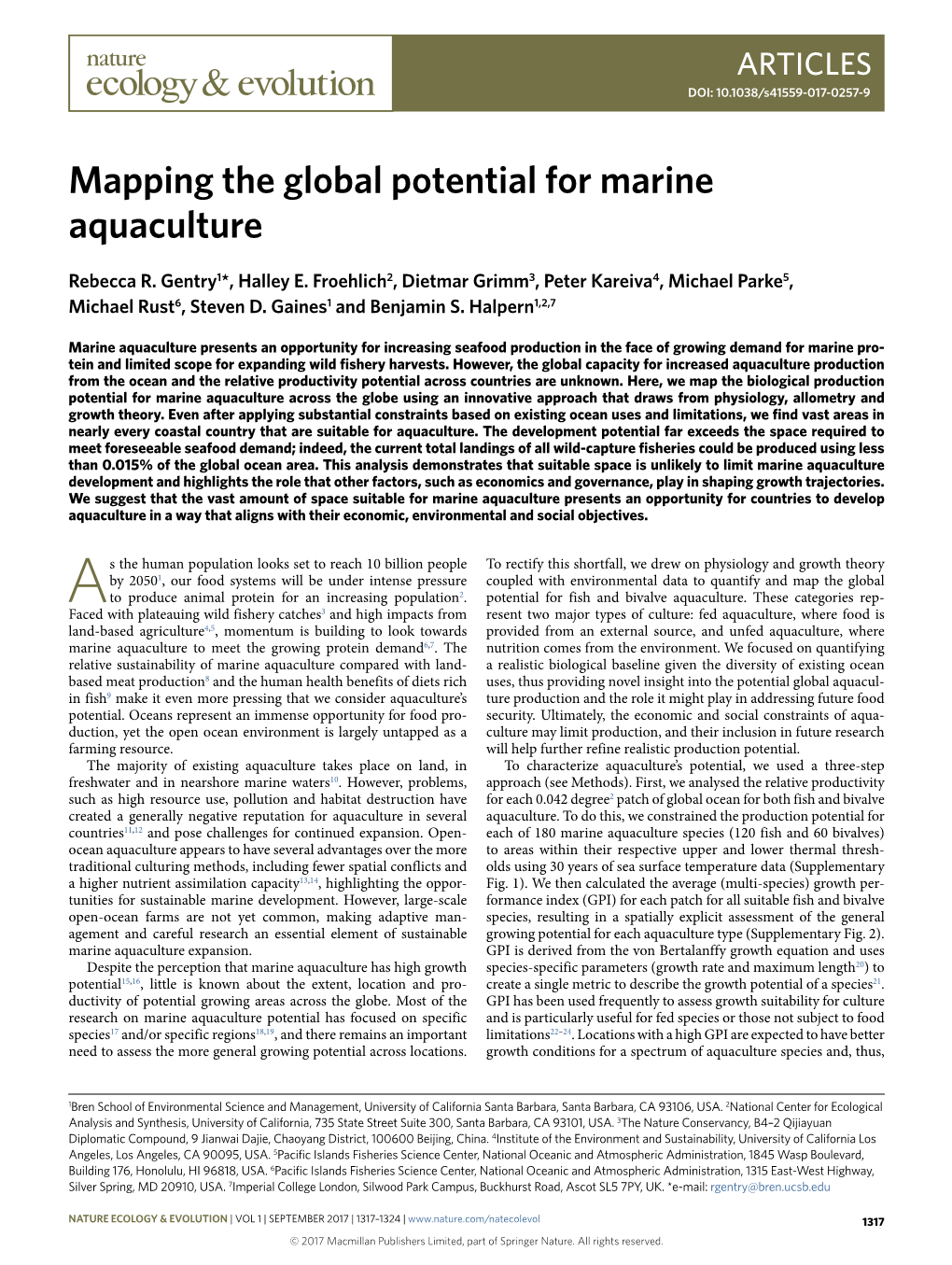 Mapping the Global Potential for Marine Aquaculture