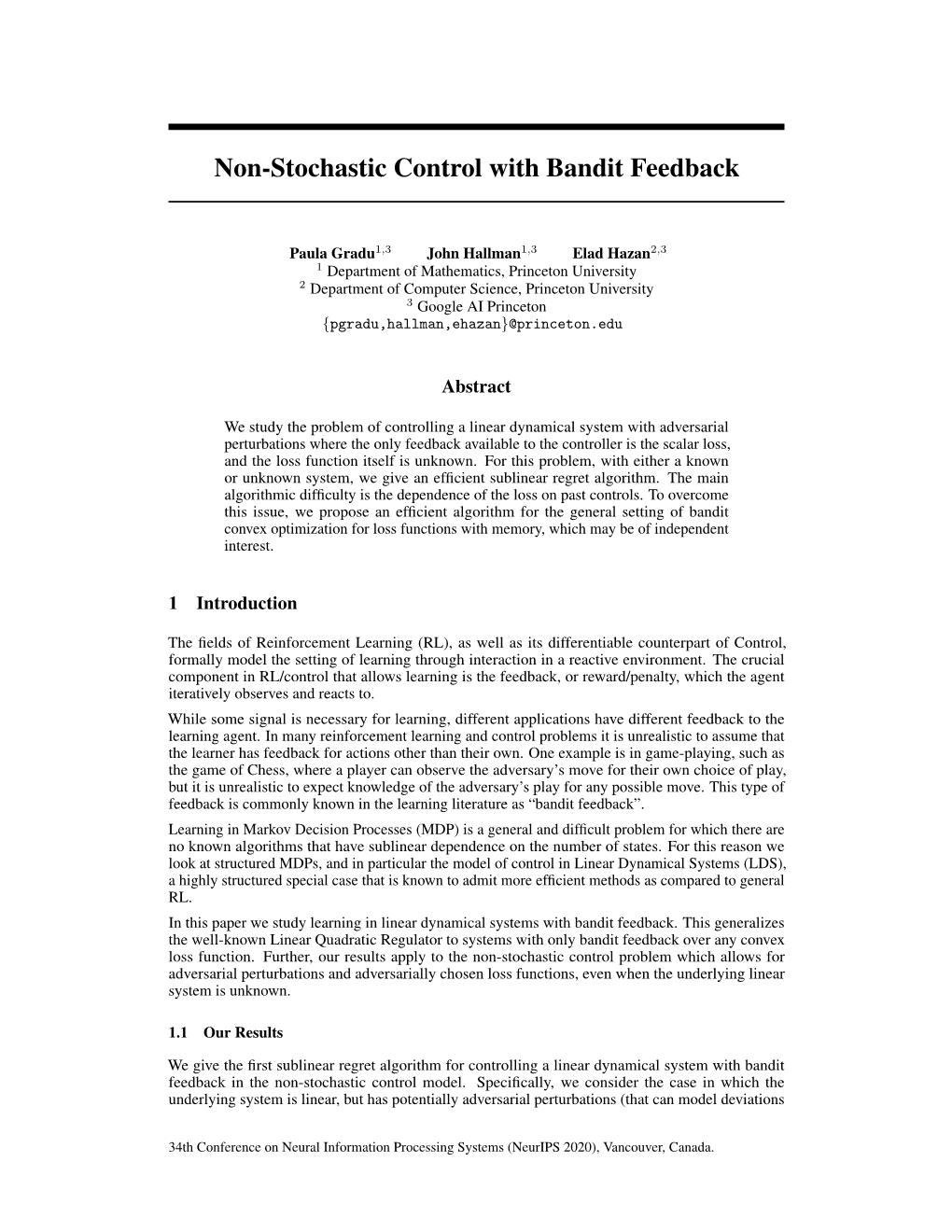 Non-Stochastic Control with Bandit Feedback