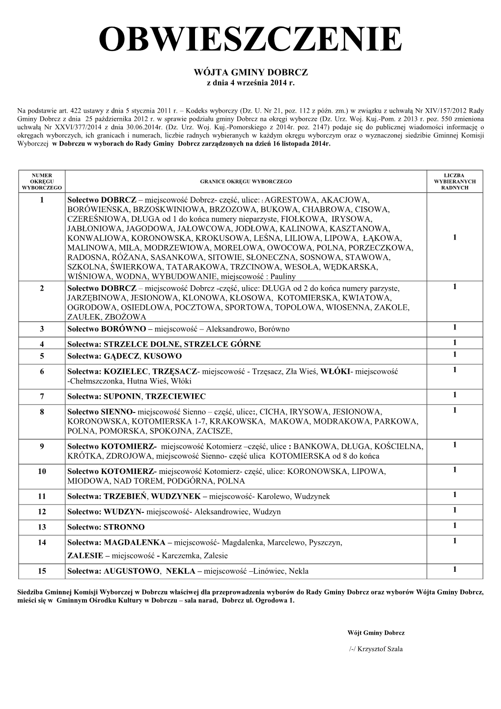 WÓJTA GMINY DOBRCZ Z Dnia 4 Września 2014 R