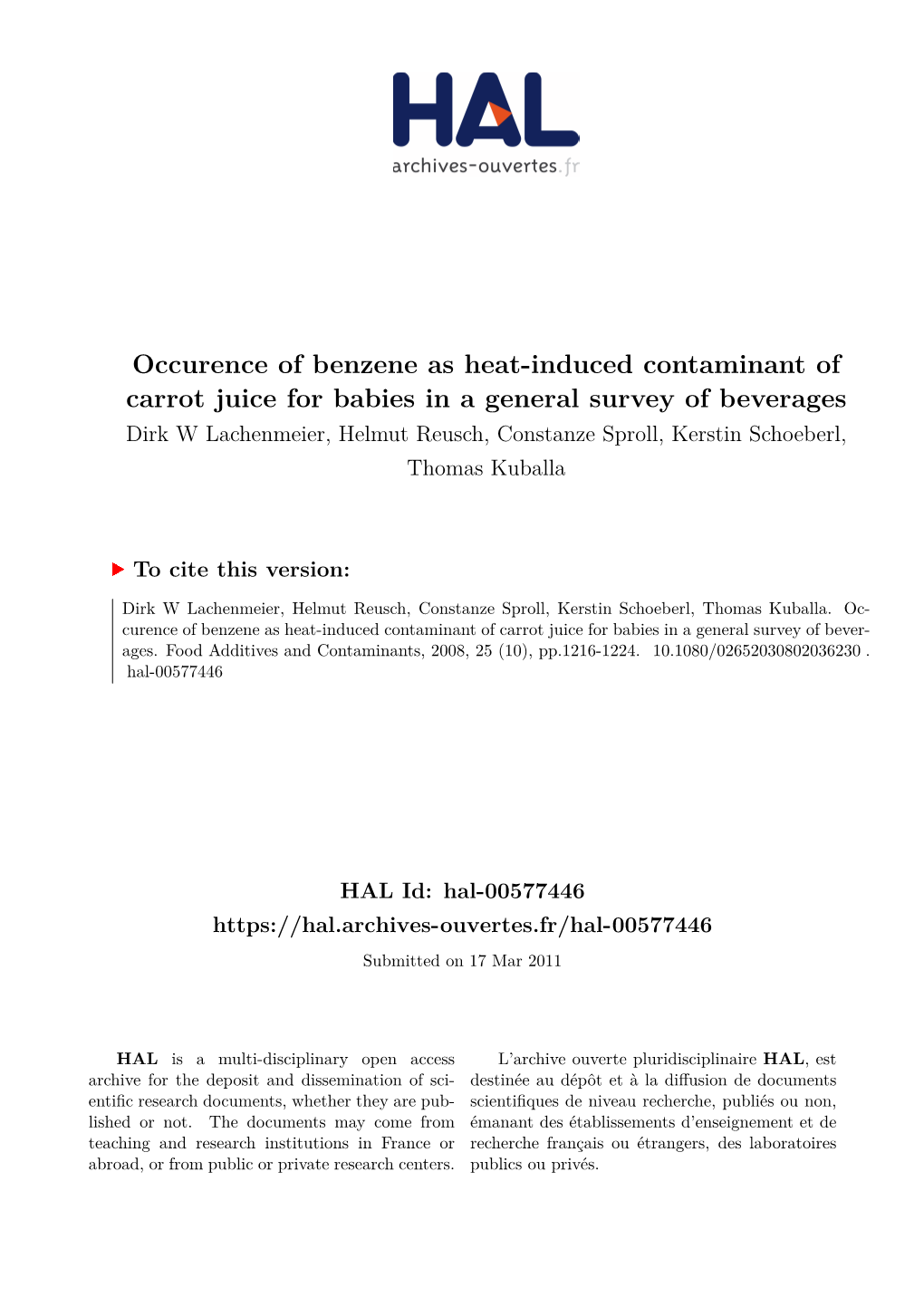 Occurence of Benzene As Heat-Induced Contaminant of Carrot