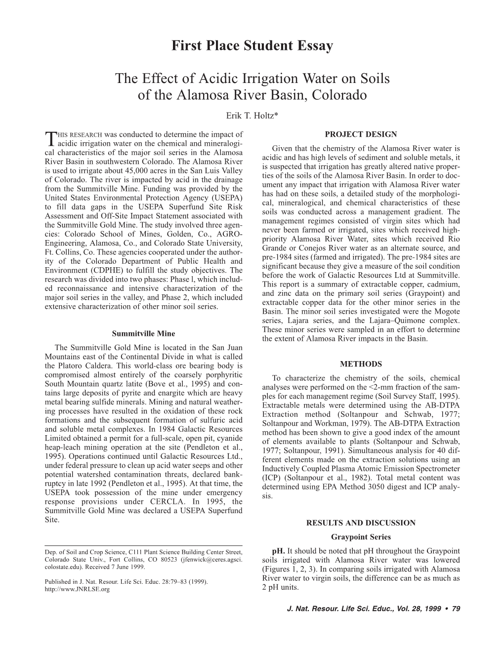 First Place Student Essay the Effect of Acidic Irrigation Water on Soils of the Alamosa River Basin, Colorado