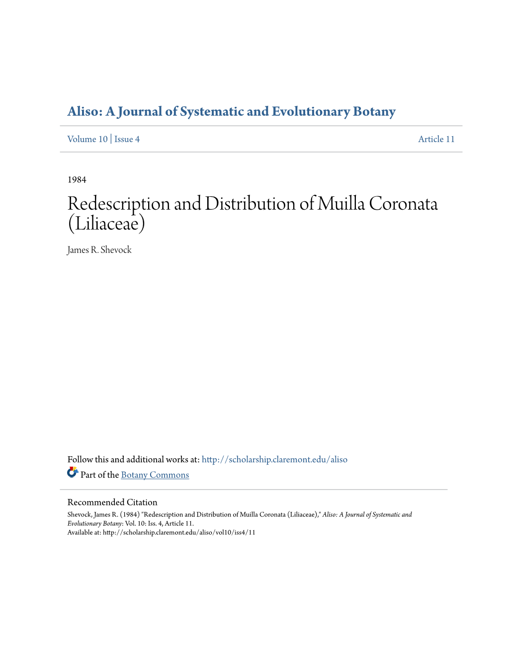 Redescription and Distribution of Muilla Coronata (Liliaceae) James R