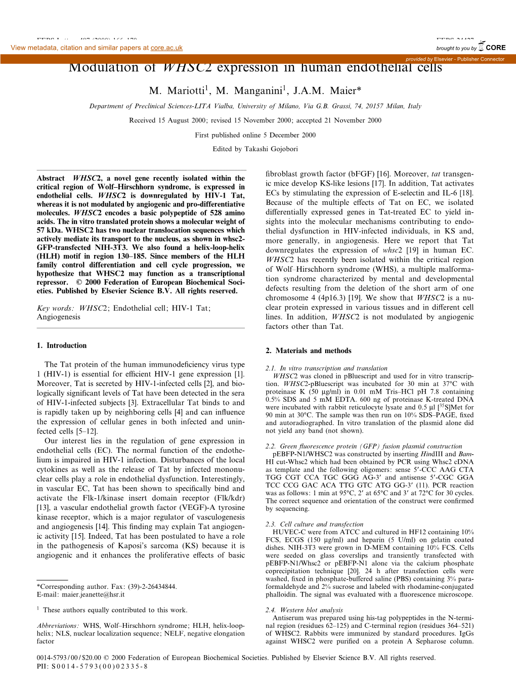 Modulation of WHSC2 Expression in Human Endothelial Cells