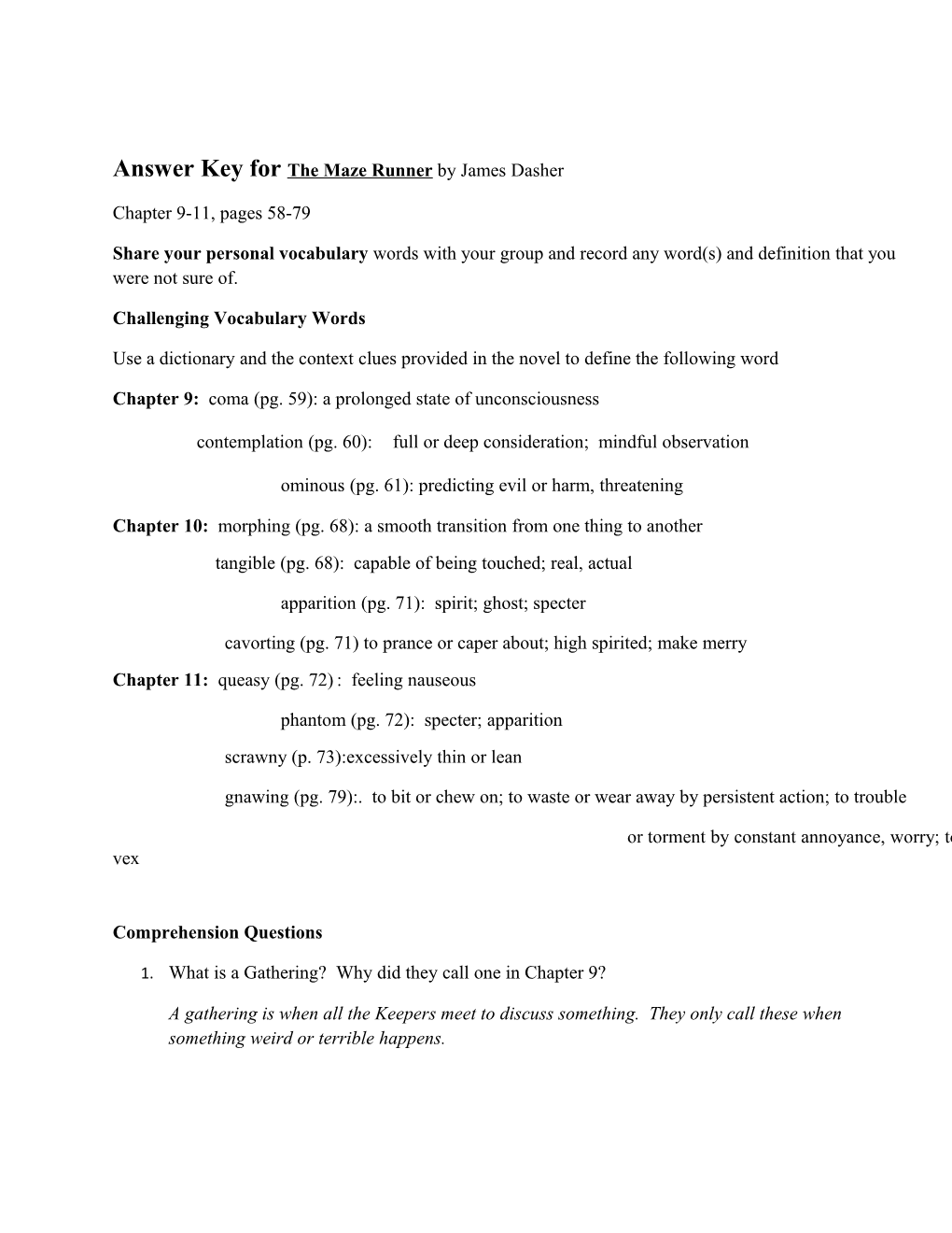 Answer Key for the Maze Runner by James Dasher s2